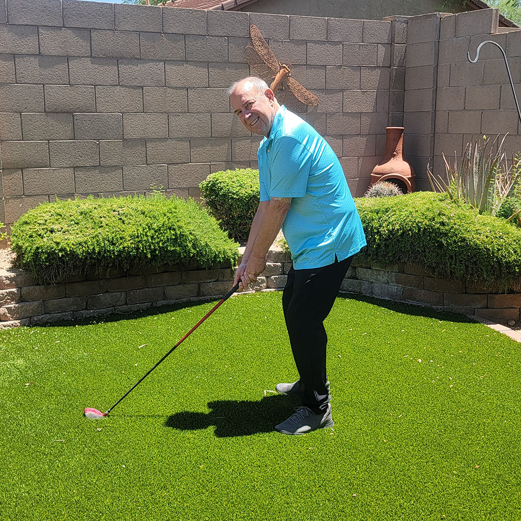 John's Journey Staying Active on Dialysis John practicing his golf moves in the yard, finally feeling healthy enough to return to normalcy.